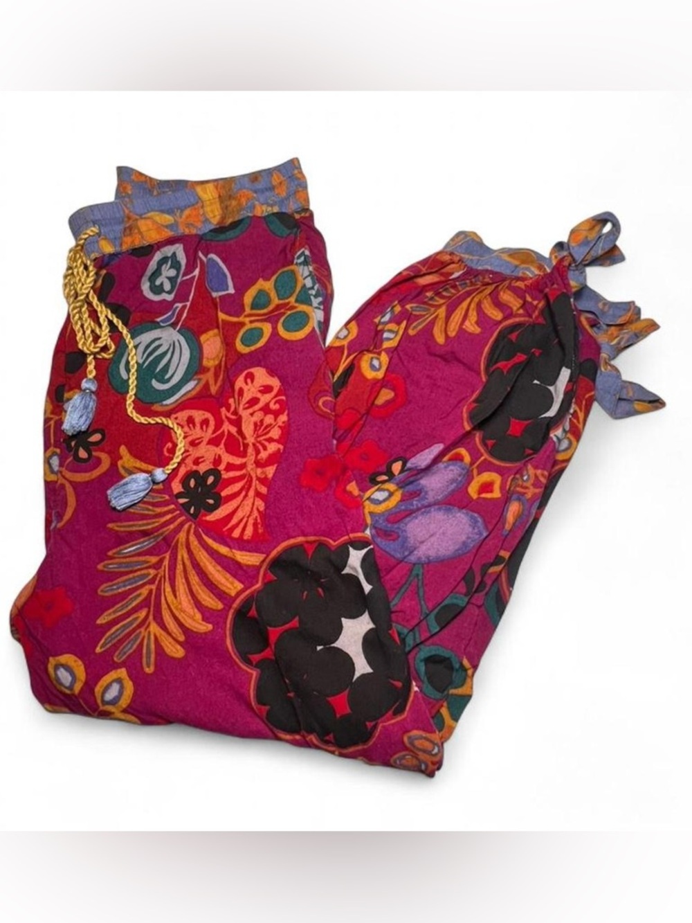 Anthropologie Multicolor Floral Drawstring Pants with Yellow Cord